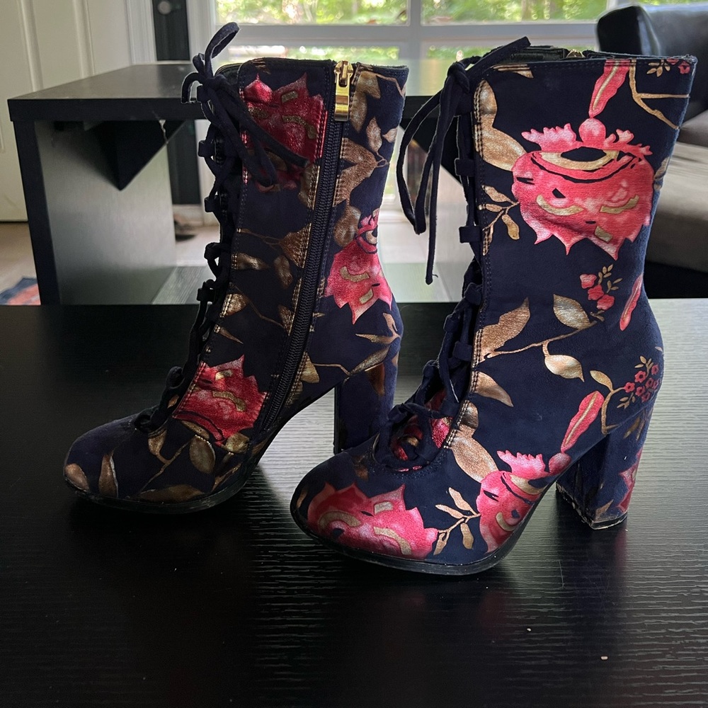 Lulus Valorie Navy Suede Print Lace-Up Mid-Calf Boots